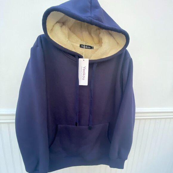 Blue Sherpa Lined Hoodie size Medium Winter Warm Cozy - Picture 3 of 10